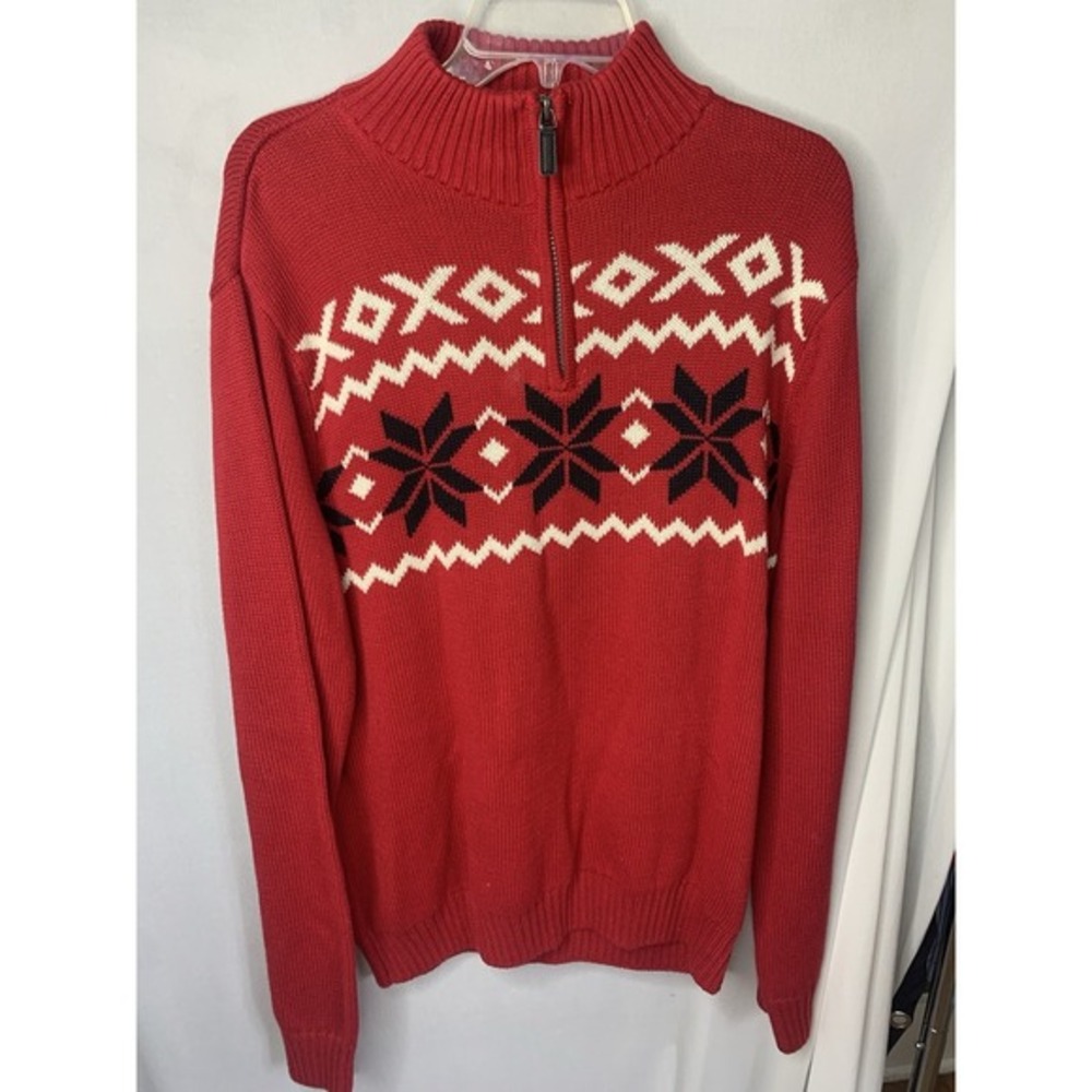 Mens M Chaps Fair Isle Red Turtle Neck Sweater 1/4 pullover Thick Knit Cotton